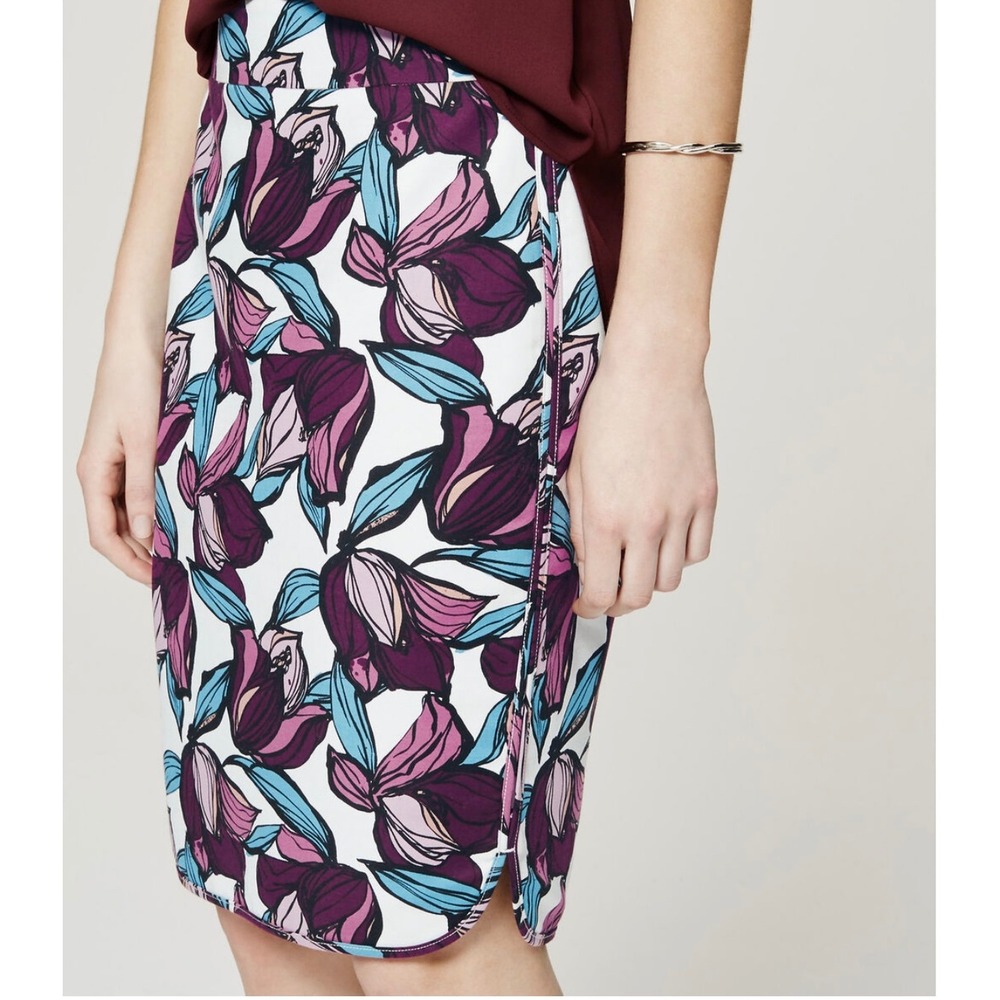 LOFT Floral Print Pencil Skirt Tulip‎ Hem Career Office White Purple 10